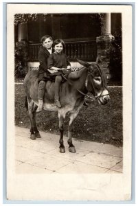 Birthday Party Postcard RPPC Photo Little Boys Riding Mule c1910s Posted Antique