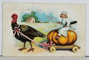 Thanksgiving Greetings Girl Chef on Pumpkin Pulled by Turkey Tuck Postcard J19