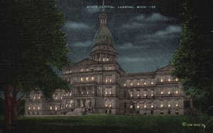 Vintage Postcard 1948 State Capitol Building at Night Lansing Michigan Structure