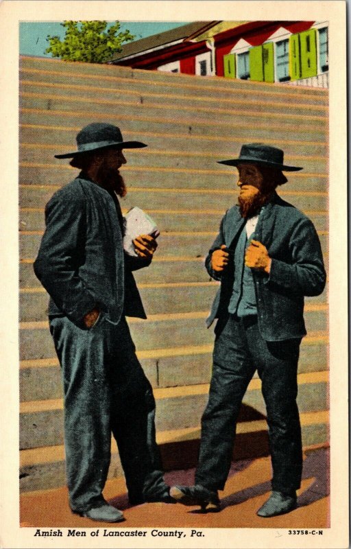 Amish Men of Lancaster PA Pennsylvania Unsent Vintage Linen Postcard 