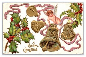 Bells Holly Cherub Ribbon Merry Christmas Gilt Embossed 1909 DB Postcard J18