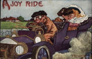 Bernhard Wall Couple Kissing in Car While Driver Drives Fast c1910 Postcard