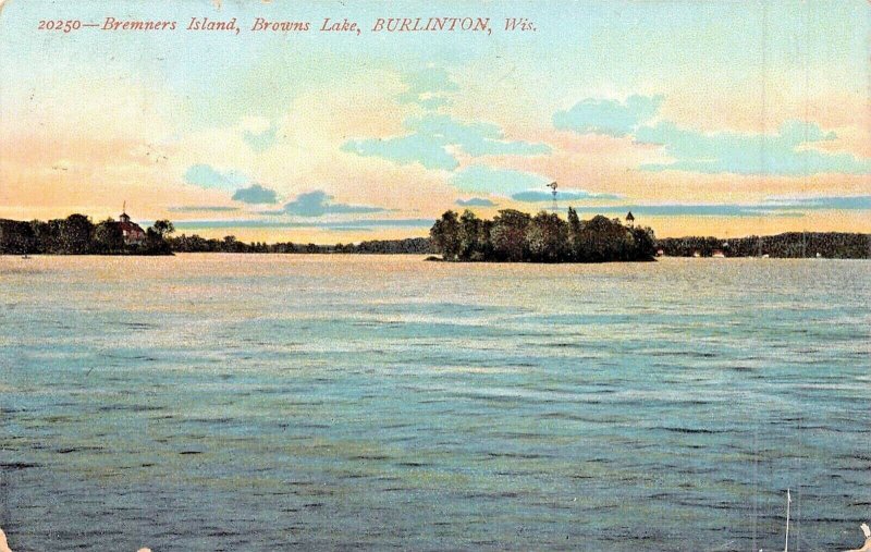 BURLINGTON WISONSIN~BREMNERS ISLAND~1908 POSTCARD