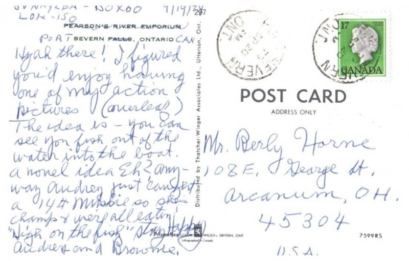 Pearsons River Emporium Severn Falls Ontario Fishing Postcard Posted 1979