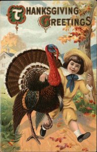 Thanksgiving Little Boy in Yellow with Turkey c1910 Vintage Postcard