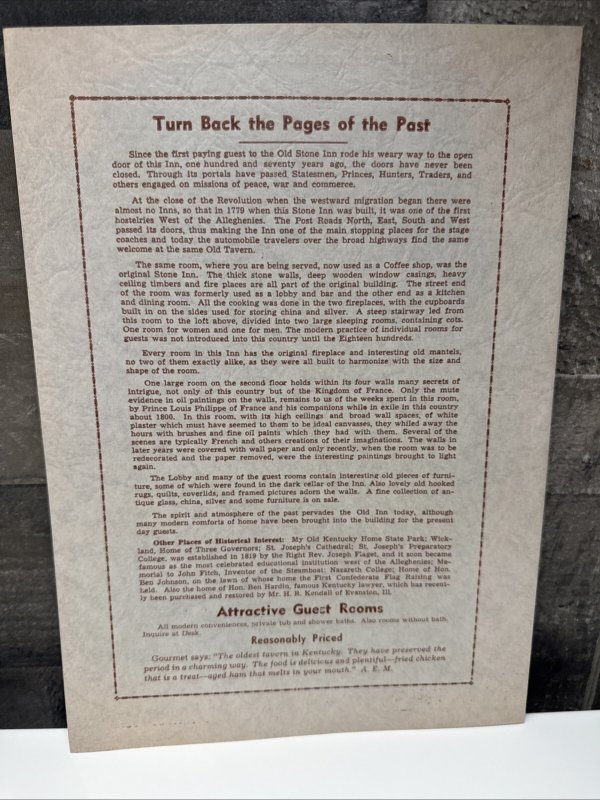 Vintage 50s OLD TALBOTT TAVERN Restaurant Menu BARDSTOWN Kentucky