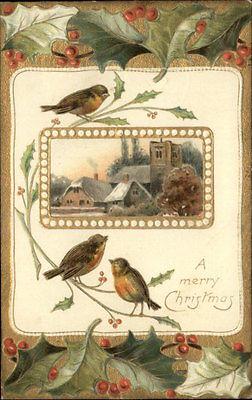 Christmas House Birds Holly Berry Border Gilt Embossed Gr...