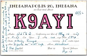 1957 QSL Radio Card Code K9AYI Indianapolis IN Amateur Station Posted Postcard