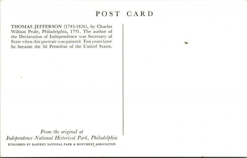 Portrait of Thomas Jefferson by Charles Willson Peale UNP Chrome Postcard E4 
