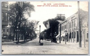 Maywood IL 4th of July Flags~Lake & 5th Streets~Cut Flowers Shop (AT Hey) c1910