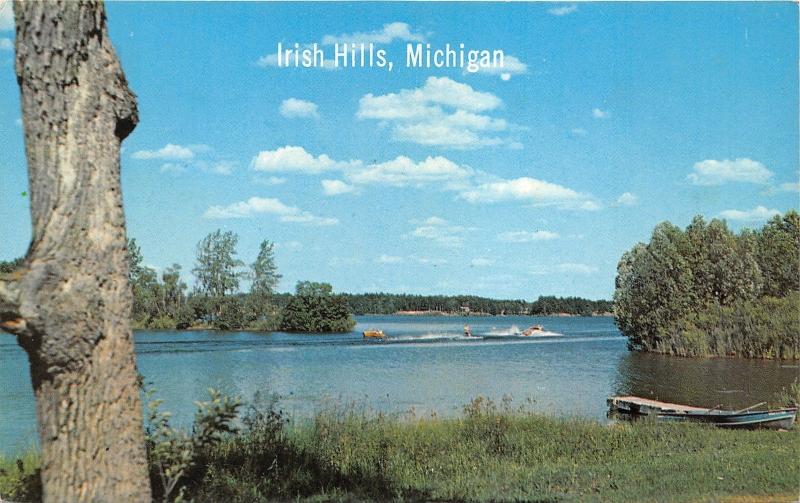 Irish Hills Michigan~People Water Skiing on Lake~Boat @ Dock~1950s Postcard