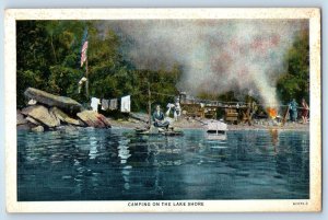 c1930's Woman Camping On The Lake Shore Boat Scene Vintage Unposted Postcard