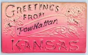 Powhattan Kansas Postcard Greetings Glitter Flower Embossed 1910 Vintage Antique