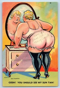 Walt Munson Signed Postcard Fat Woman Mirror Gosh You Should See My Sun Tan