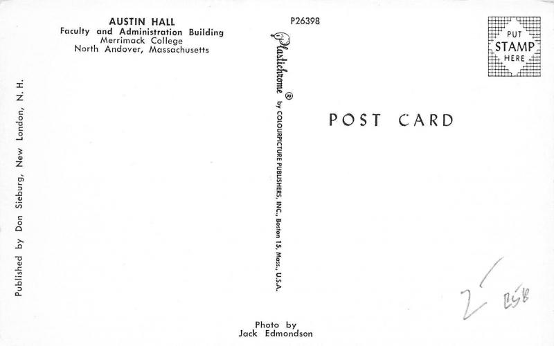 North Andover Massachusetts~Merrimack College~Austin Hall~1950s Postcard