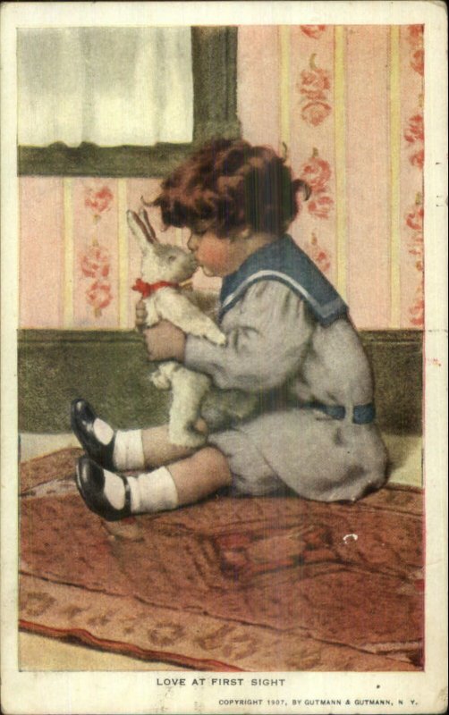 LOVE AT FIRST SIGHT Cute Little Boy & Stuffed Bunny Toy Gutmann Postcard