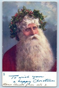 Christmas Postcard Santa Claus Holly Berries Mistletoe Crown Tuck c1905 Antique