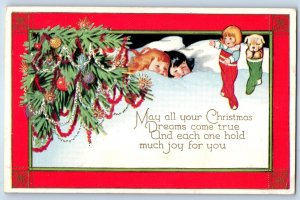 c1910's Christmas Children Sleeping Doll Toys On Stocking Embossed Postcard
