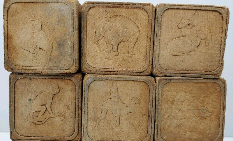 Antique Vtg Wood Blocks Carved Buffalo, Horse, Turkey, Porcupine, Kangaroo, Dog