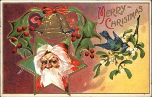 Christmas Santa Clause Bells Mistletoe Gilt Embossed c1910s Postcard