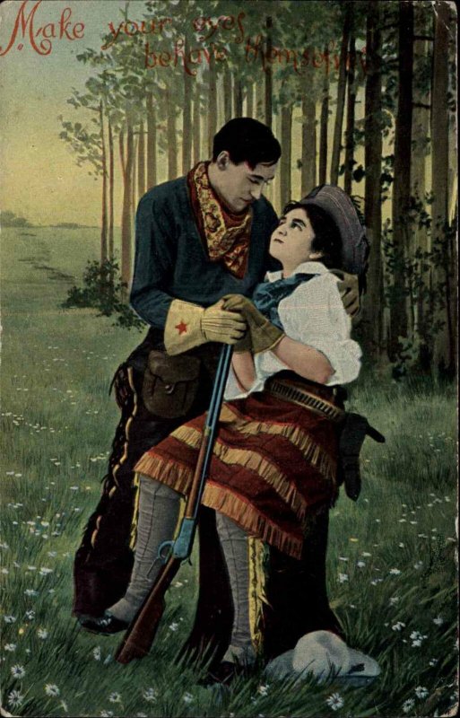 Cowboy and Cowgirl Locked in Embrace c1910 Postcard