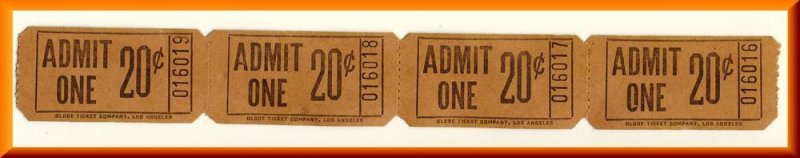 4 Movie Theatre Tickets, Admit One, 20 Cents, 1950's?