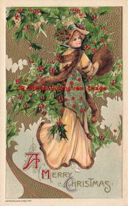 Christmas, Winsch 1910 No WIN10-1, Schmucker, Woman with Hand Muff & Holly