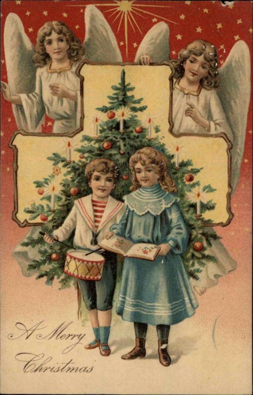 Christmas Angels Watch Over Children With Toy Drum c1910 Vintage Postcard