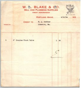 1934  Portland  Maine  W.L. Blake & Co. Receipt  NRA Member Stamp   9 x 8