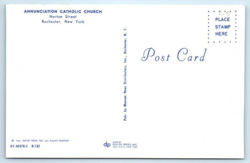 2 Postcards ROCHESTER, NY ~ Interior/Exterior ANNUNCIATION CATHOLIC CHURCH 1968
