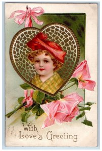 1909 Valentine Greeting Boy In Heart Flowers Clapsaddle Embossed Posted Postcard