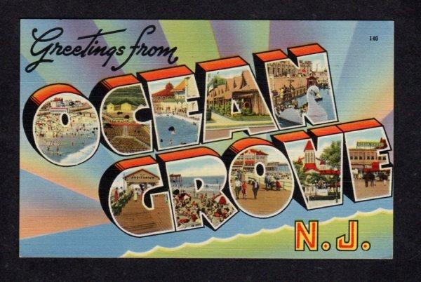 NJ Greetings From OCEAN GROVE New Jersey Linen Postcard Large Letter Lg PC