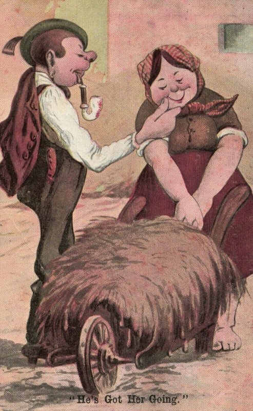 Vintage Postcard 1908 He Got Her Going.  Man with Pipe in Love Woman w/ Hay Cart