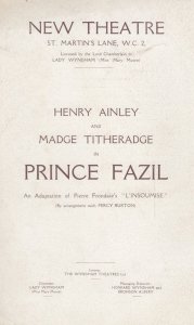 Prince Fazil Henry Ainley Drama New London Theatre Programme