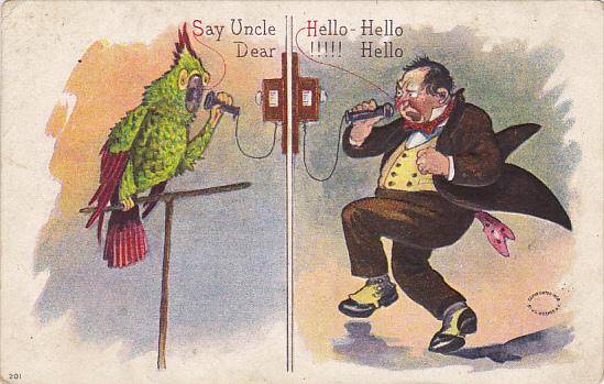 Man Talking To Parrot On Telephone 1910