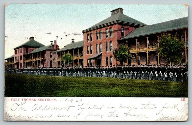 Fort Thomas Kentucky~Soldiers at Attention on Parade Drill Ground~1907 Postcard 