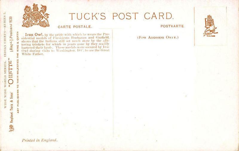 Raphael Tuck Indian Chiefs Chief Iron Owl Series I Postcard