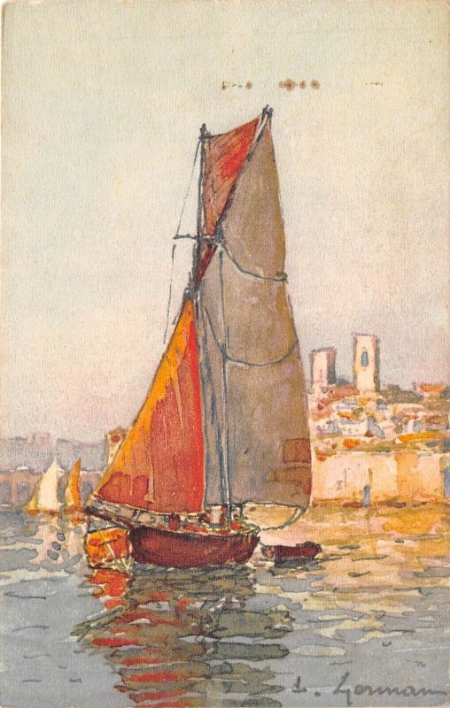 Lot350 antibes france tartanes dans ombre boat artist signed leman postcard