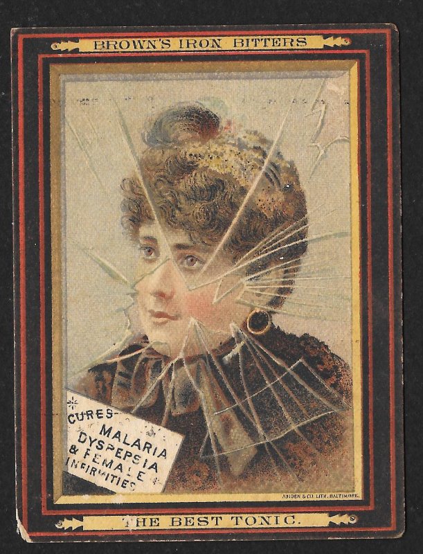 VICTORIAN TRADE CARD Browns Iron Bitters Cures Malaria Lady In Winter Coat & Hat