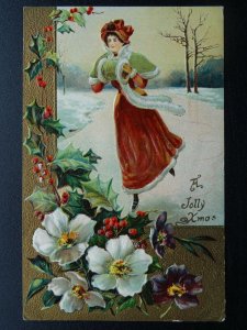 A JOLLY XMAS Lady Ice Skating & Holly - Old Embossed Postcard