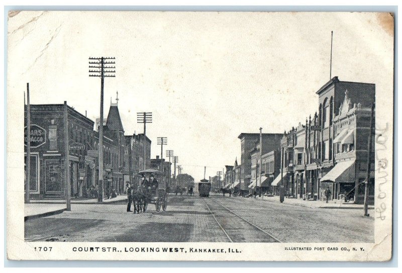 c1905's Court Street Looking West Carriage Railroad Kankakee Illinois Postcard