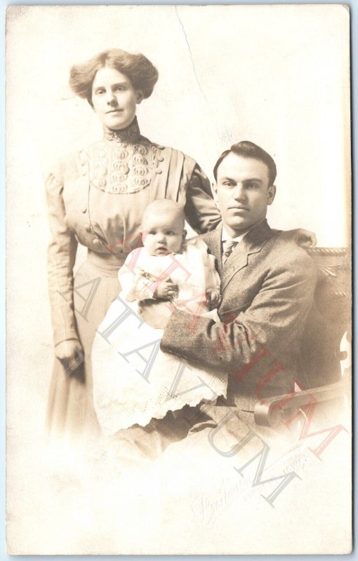 c1910s Dubuque IA Cute Young Family RPPC Odd Lady Hair Real Photo Man +Baby A159