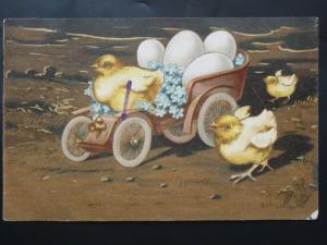 Easter Greeting CHICKS & FORGET ME KNOTS IN OLD CAR c1906 by Misch & Co 355