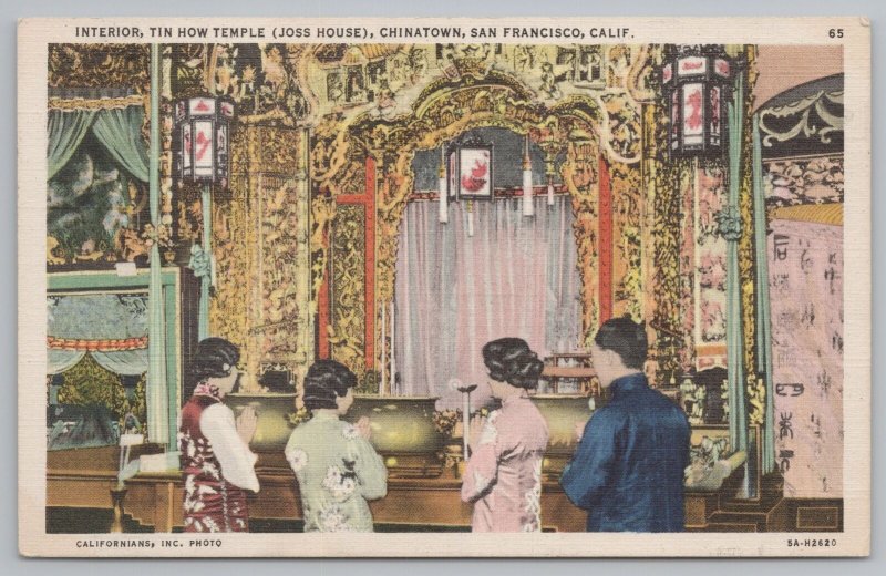 San Francisco California~Interior Tin How Temple~Joss House~Chinatown~1935 Linen