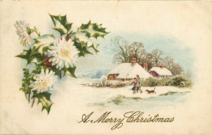 c1910 Winsch Christmas Greetings Postcard Snow Scene Printed on Silk unposted