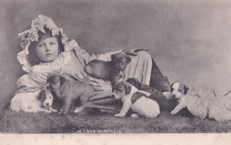 In Loco Parentis Child Looking After Dog Puppy Family Antique Dogs Postcard