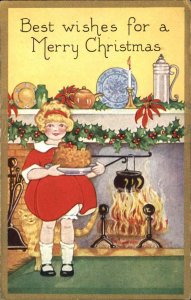 Christmas Child Girl Cake Fireplace Embossed Whitney c1900s-10s Postcard