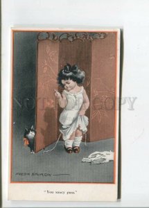 471868 Fred SPURGIN Girl PUSSY CAT Folding screen Vintage postcard