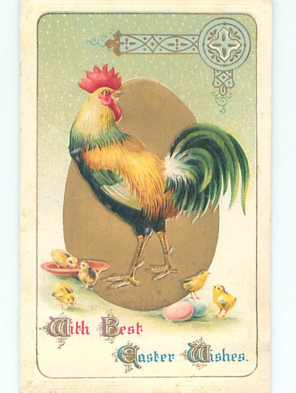 Pre-Linen easter BEAUTIFUL COLORFUL EMBOSSED ROOSTER WITH CHICKS hr2069