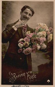 Vintage Postcard 1910s Bonne Fete Have a Good Party Man Holding Bouquet Flowers